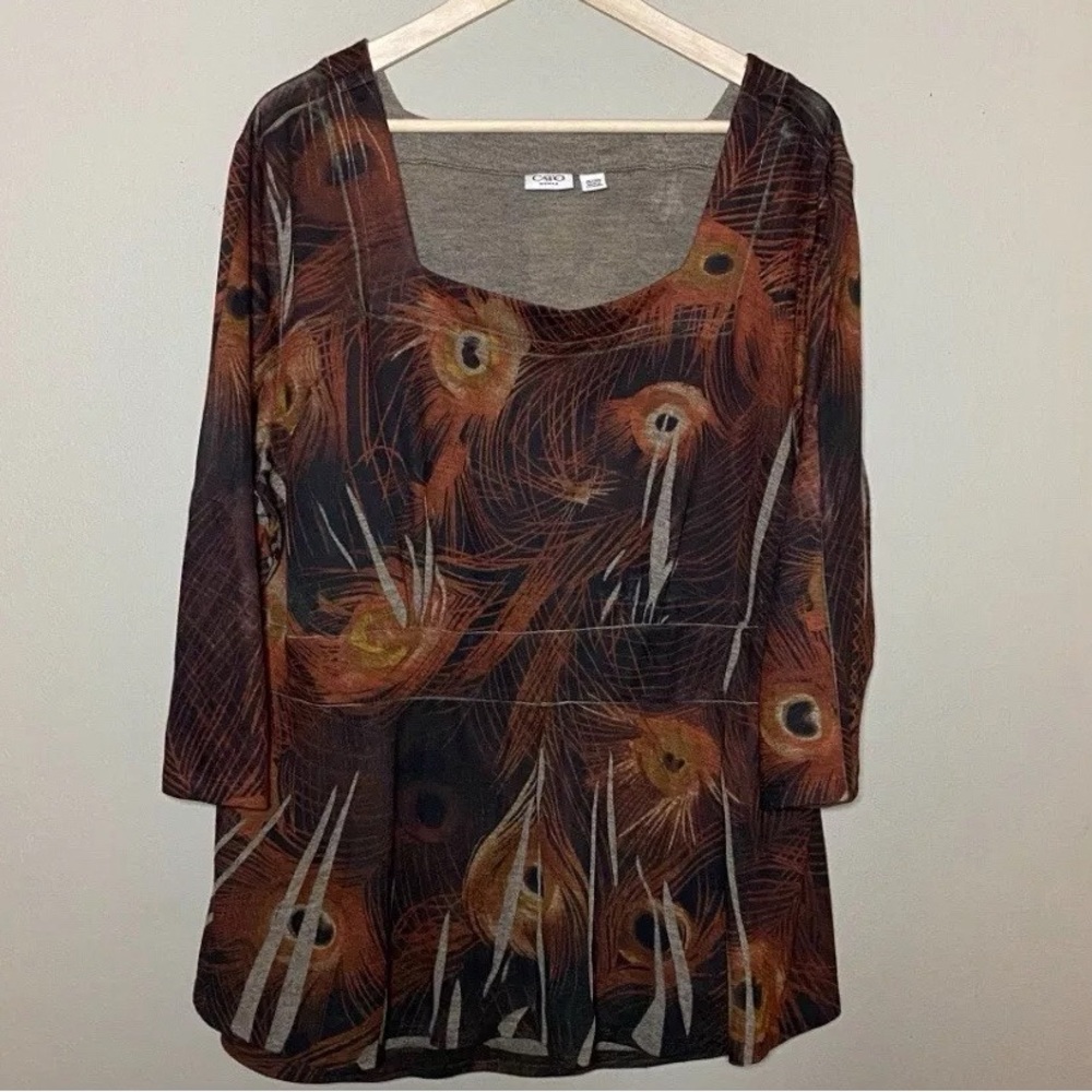 Cato Peacock Print Blouse Women Size 26/28W Brown Orange